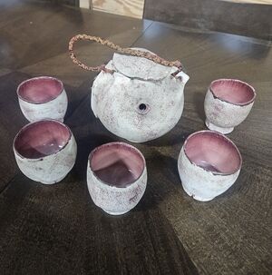 VTG Artisan Ceramic Rustic Japanese Style Teapot & Lid Set With 5 Cups (Rare)